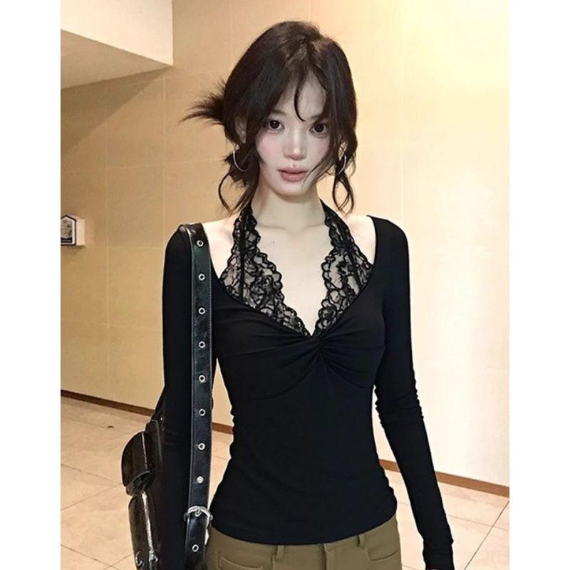 

V-Neck Lace Patchwork Cotton Modal Slimming Top – 260g M