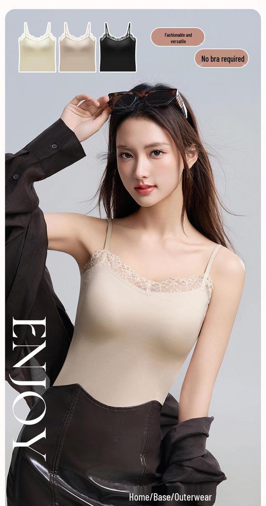 French Lace Camisole Tank Top with Chest Pads, No Bra Needed, Slimming Base Layer.