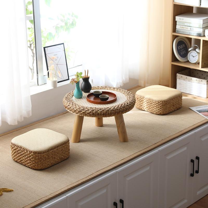 Handwoven Rattan Tea Table Japanese Tatami Style Small Space Coffee Stand Natural Living Room Furniture for Zen Decor