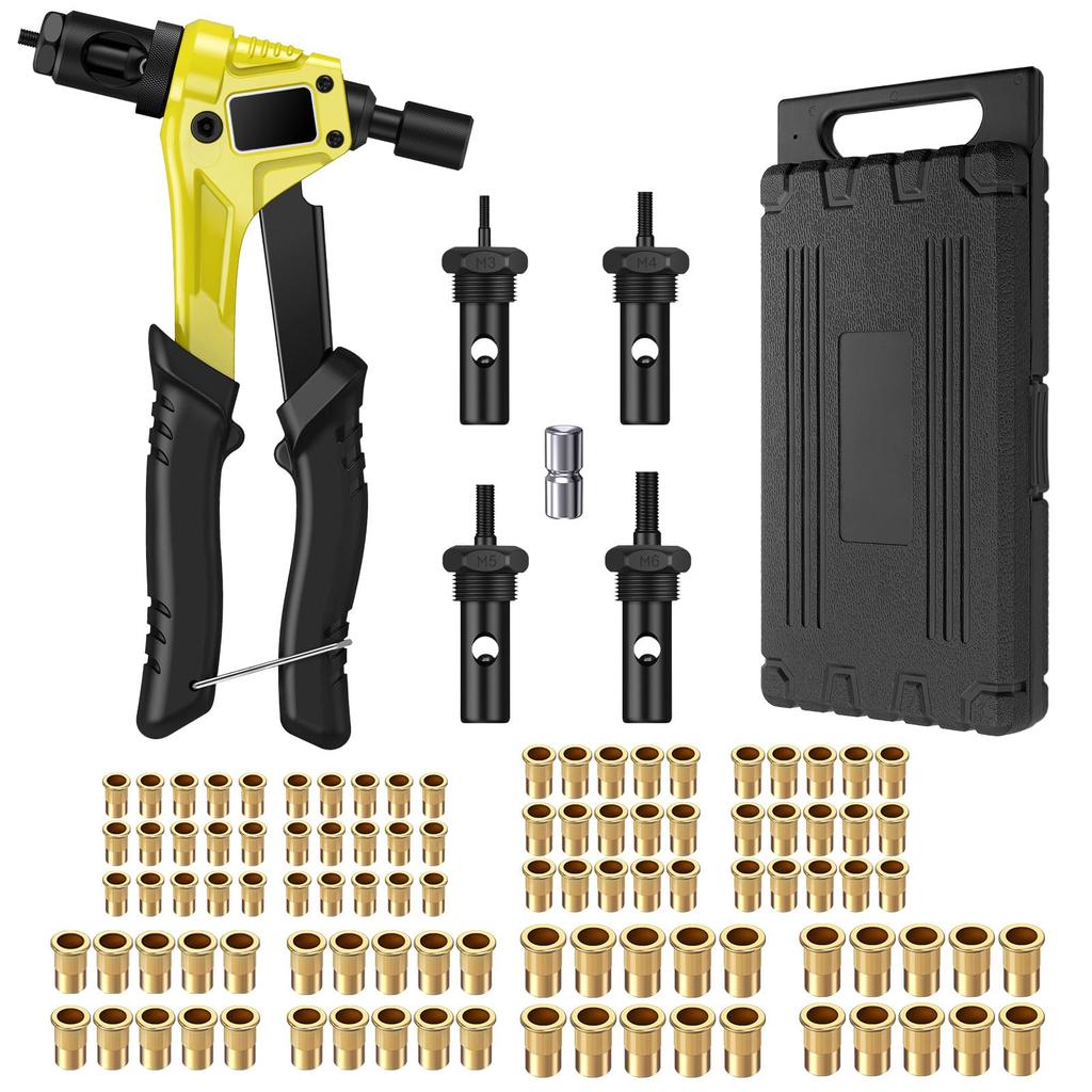 eSynic Hand Riveter Set of Screw Nut Rivet Rivet Tool Kit Set, 100-Piece M3/M4/M5/M6 Inserts, Steel/Aluminum (Yellow)