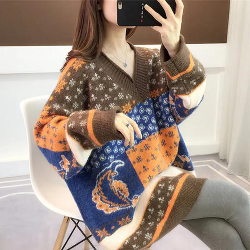 Sweater for Women Winter Oversize Stretchy Thickened Pullover Warm Knitted Striped V Neck Long Sleeve Jumper Tops