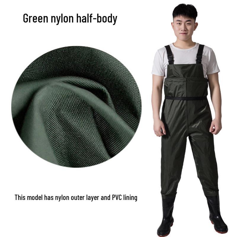 Men's Waterproof Fishing Gear: Rain Pants with Boots, Half-Body Suit, Leather Fork, Full-Body Water Shoes.