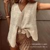 Literary and thin embroidered lace vest vest women's new casual style blouse temperament top apricot cotton