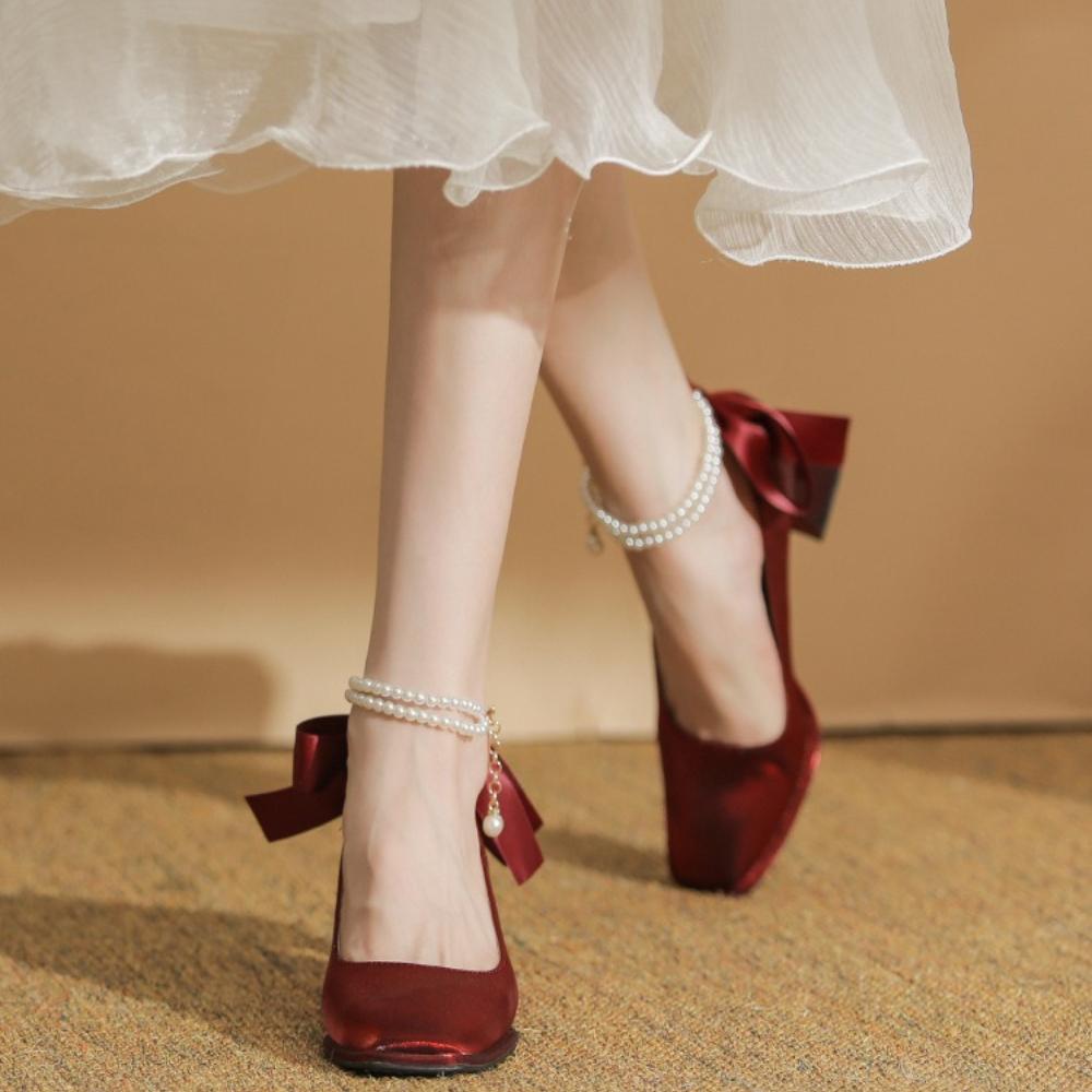 2025 New French-Style Women's Wedding Shoes - Bowknot Fairy Bridesmaid Shoes, Two-Way Wear Block Heel, Comfortable Non-Tiring Feet, StyleXCY34-888-200
