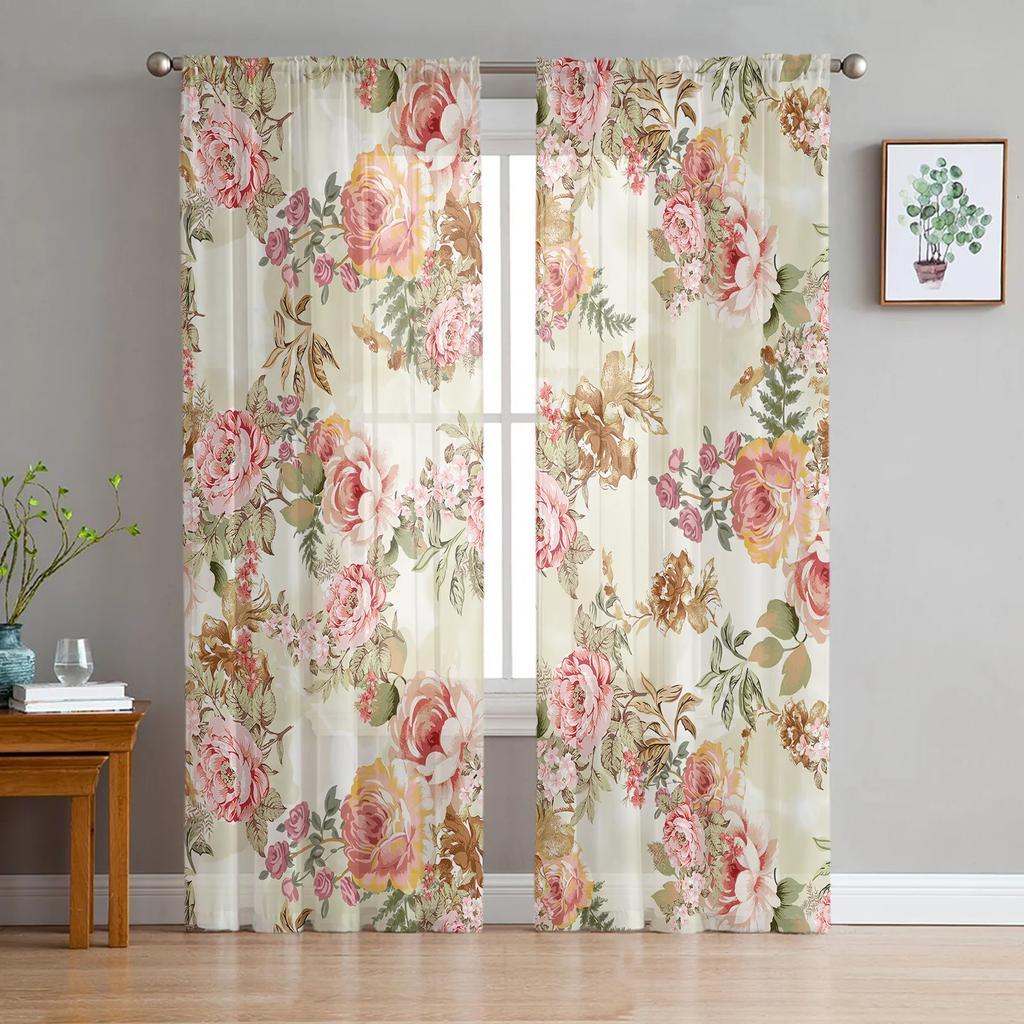 Vintage Flowers Pink Peony White Sheer Curtains for Living Room Decoration Window Curtain Kitchen Tulle Voile Organza Drapes