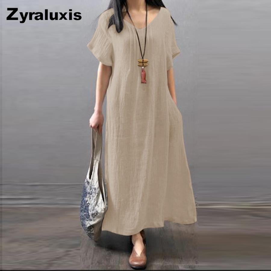 Summer Cotton Linen Loose Casual Solid Pocket Dress Women's Clothing
