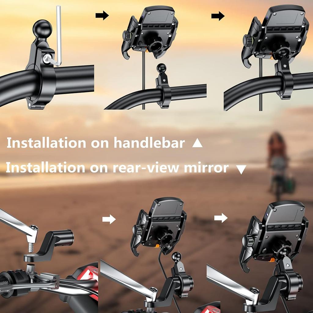 BRCOVAN Motorcycle Phone Mount Holder With Qi 15W Wireless Charger & PD/USB-C 20W Fast Charging Port, Waterproof Cellphone Cradle With Aluminum Alloy