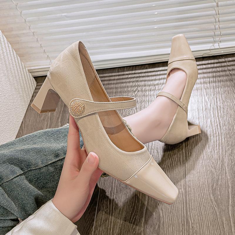 French Mary Jane shoes thick heel splicing small fragrant single shoes middle heel 2025 new one-word with square head high heels
