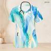 Women Plus Size V Neck Short Sleeve Printed Nurse Scrub Top With Front Pockets Blue Green
