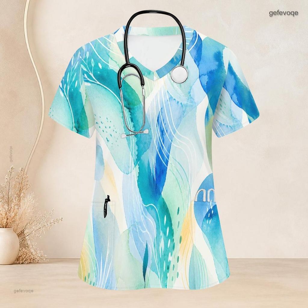 Women Plus Size V Neck Short Sleeve Printed Nurse Scrub Top With Front Pockets Blue Green