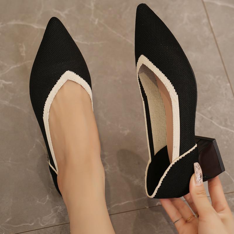 Pointed-toe Knitted Chunky Heel Sandals, Fashionable and Breathable for Autumn. Women's Dress-pairing Large-sized Single Shoes.