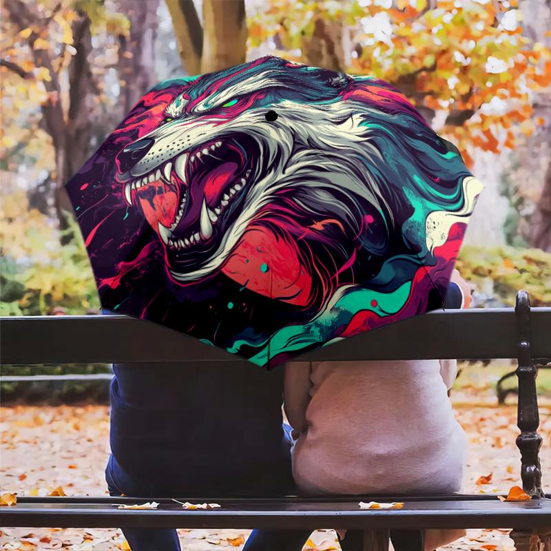 Roaring Wolf  Pattern, Automatic Folding Umbrella, Portable and Foldable Design, 8 Ribs, a Christmas or Birthday Gift.