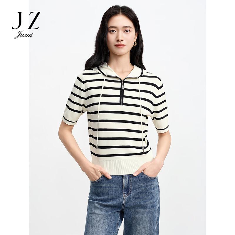 JUZUI Women s 2026 Spring Striped Hooded Half-Zip Knit Shirt XL