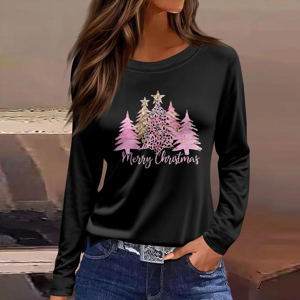 Women's Fashion Casual Slit Hem Round Neck Long Sleeve Loose Printed T-Shirt Ladies Top