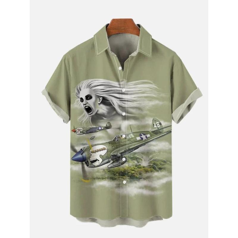 Hawaiian Colorful Sci-Fi Space War Elements Printing Breast Pocket Short Sleeve Shirt  Loose Versatile Casual Sports Summer Men