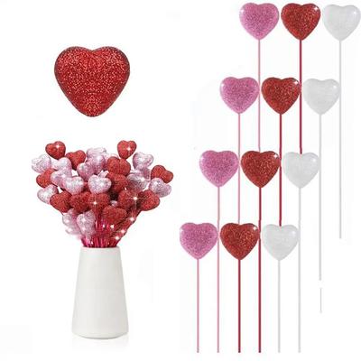 10pcs Shinny Glitter Hearts Stick Foam Flower Bouquet Vase Pick Stick DIY Cake Topper Dessert Cake Decor