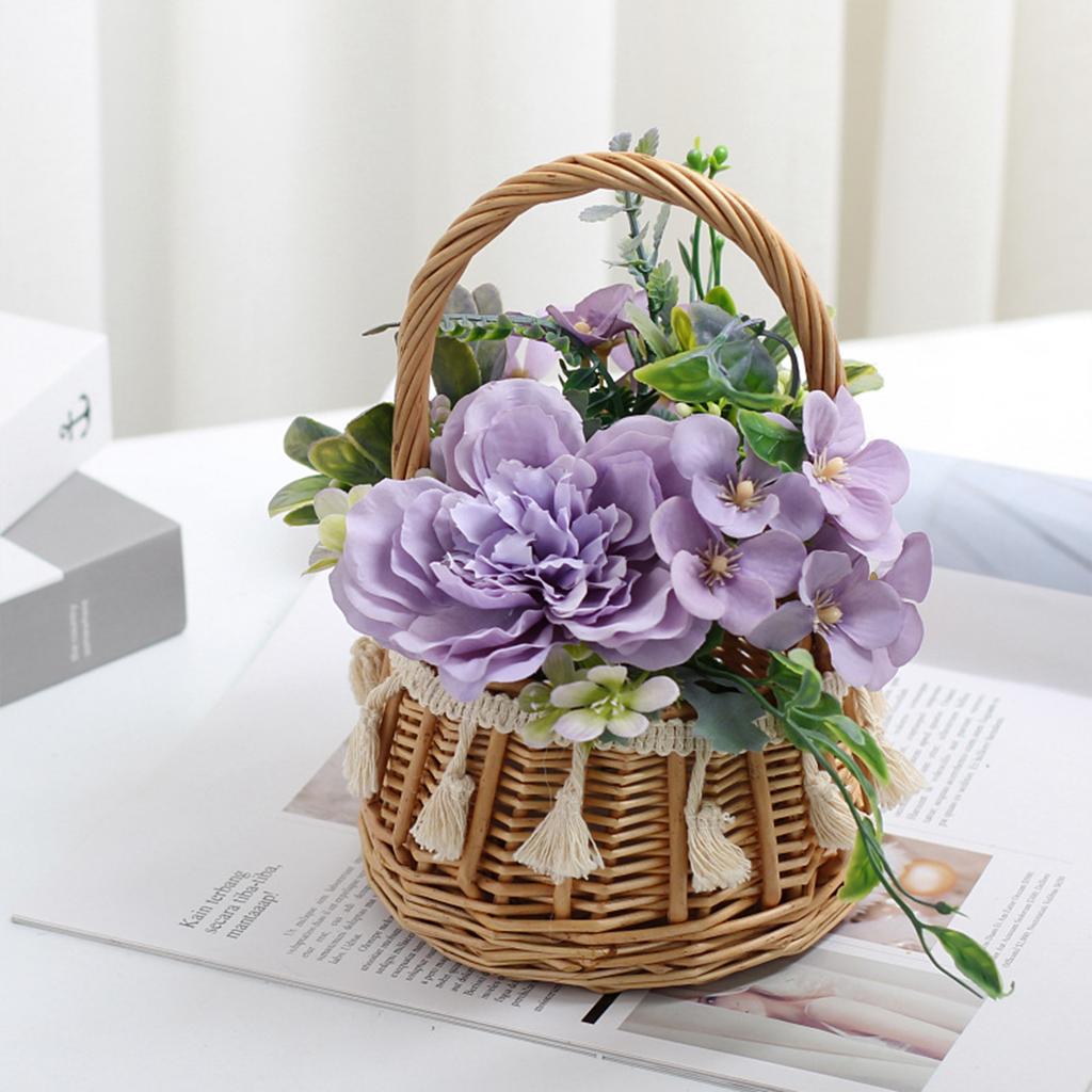 Hand Woven Wicker Basket Rattan Flower Basket for Festival Wedding Party 13x13x23cm Yellow