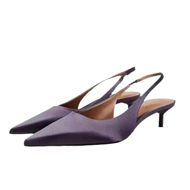 Fashion Elegant Purple Satin Low Heel Women Pumps Sexy Pointed Toe High Heels for Women Hollow Back Strap Mules Fashion Party Dress Shoe