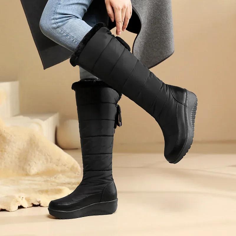 White Warm Fur Waterproof Women Knee High Snow Boots Black Down Vacation Party Lady Back Lace-up Wedge Platform Heels Long Boots