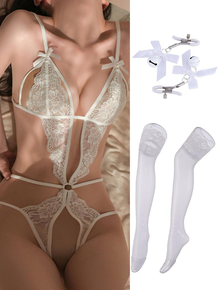 Crotchless Sexy Lingerie For Women Exposed Naughty Underwear Strap Bandage Belt Bodysuit Red Floral Backless Hollow Chest Plus