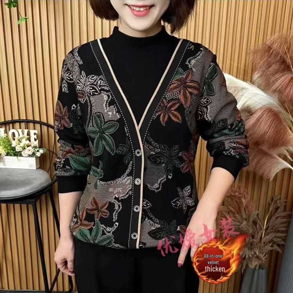 Damen Langarm-Oberteil mit Blumenmuster - Plus Samt, Halber Stehkragen, Falsches Zweiteiliges Design, Schlankmachend & Stilvoll für Mittleren und Älteren Alters