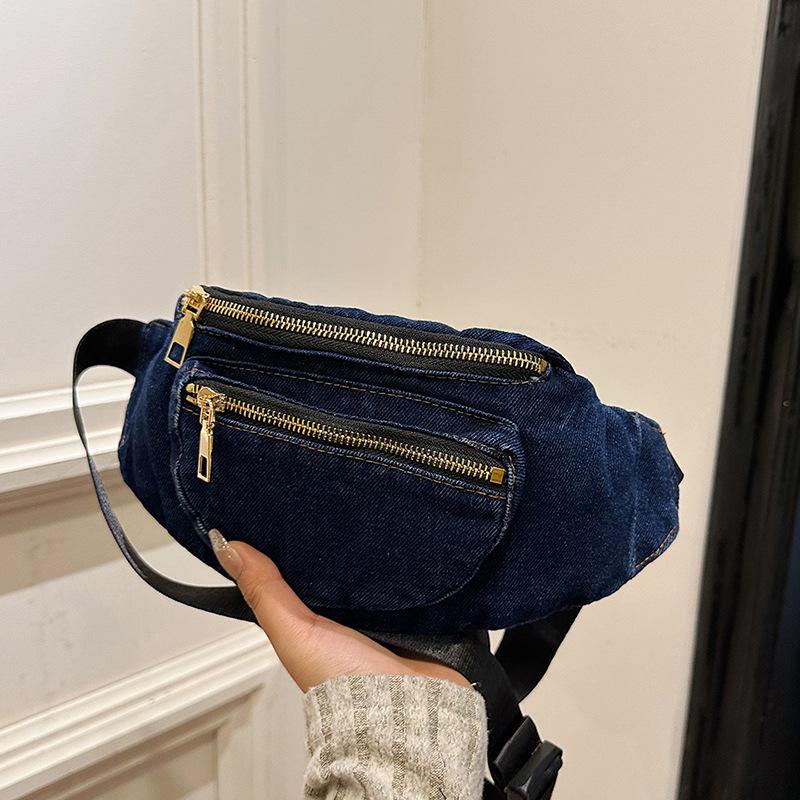 Versatile denim breast bag, simple satchel, literary and neutral, shoulder crossbody fanny pack, small square bag, light.