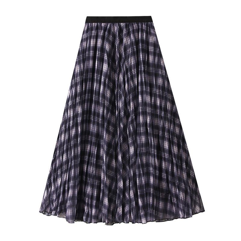 Qooth Autumn Brown Plaid Skirt for Women A-Line Maxi Length Slim Half Skirt QT2745