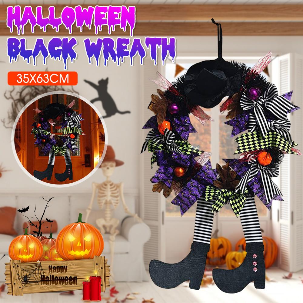 Witch Halloween Wreath Upgrade Version Witch Leg Decoration Front Door Welcome Sign Hanging Halloween Decorations for Home Party