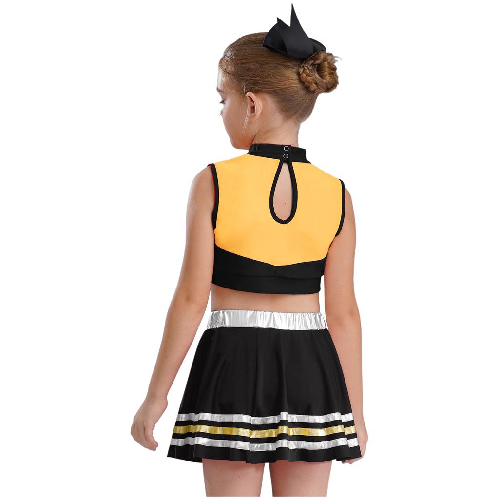 Dziewczęcy crop top bez rękawów z golfem i nadrukiem liter, elastyczny pas, spódnica w paski, zestaw do cheerleadingu i tańca