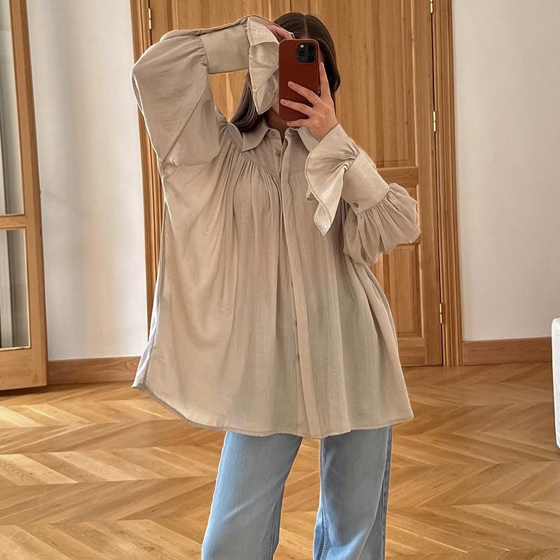 Casual Shirts Women Loose Lantern Sleeve Buttons Turn Down Collar Pleated Blouse Lady Spring Summer Green Shirts