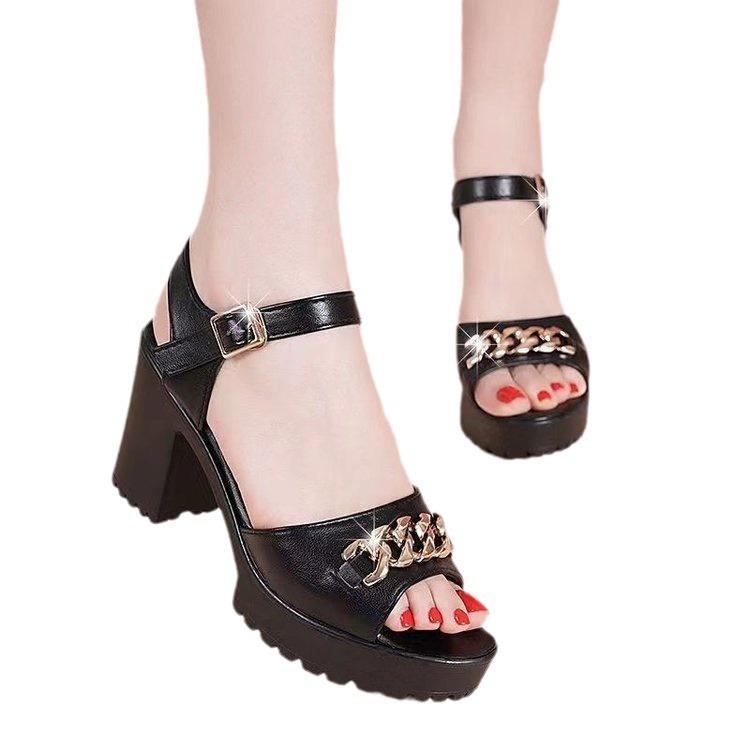 Leather sandals women's 2025 summer new women's sandals fish mouth fashion high heel waterproof table one-word buckle thick heel women's shoes