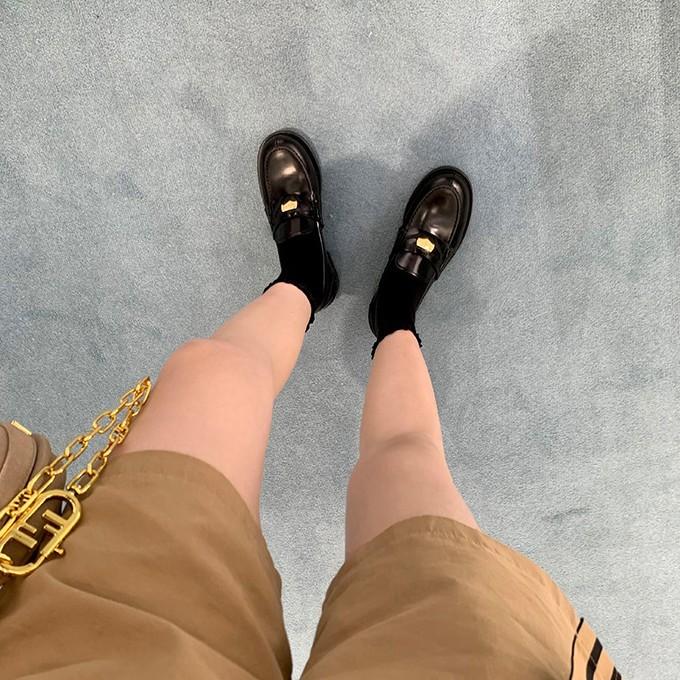 Sheepskin version~ British leather thick-soled black small leather shoes women's gold coins lazy one-pedal loafers flat single shoes