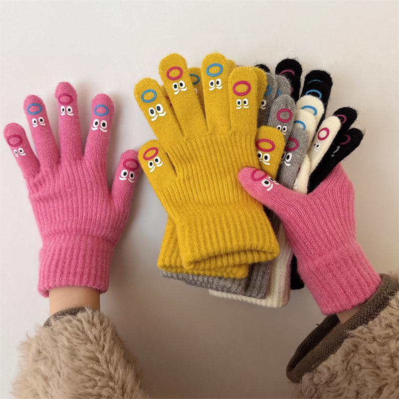 1 Pair Women'S Funny Facial Expression Knitted Gloves Full Finger Gloves Soft Crochet Mittens Cartoon Expression Driving Glove