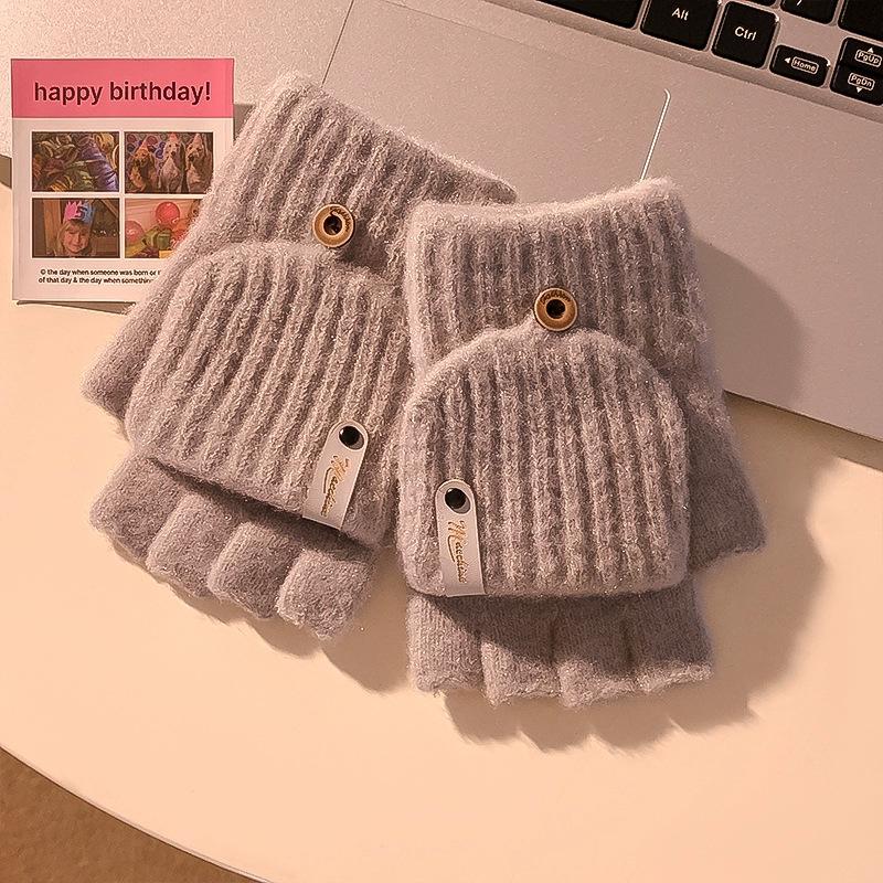 Plush Flip Gloves Female Dew Half Finger Student Writing Warm Thickened Autumn and Winter Knitted Cold Riding Can Touch Screen