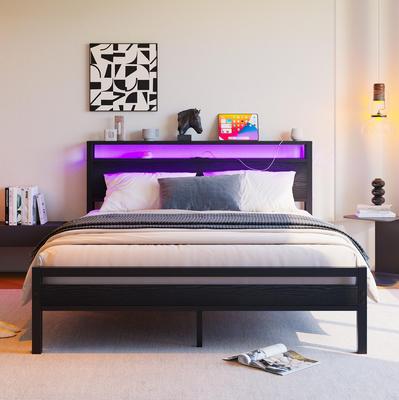 Bett 140x190 mit Stauraum, Metallbettgestell mit USB-Ladefunktion & LED-Beleuchtung, Modernes Staurahmenbett mit Kopfteilregal, Jugendbett/Gästebett