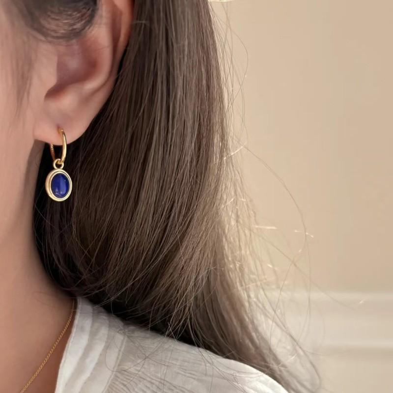 Vintage Oval Lapis Lazuli Necklace Earring Set Women Retro Geometric Alloy Jewelry With O-Link Chain