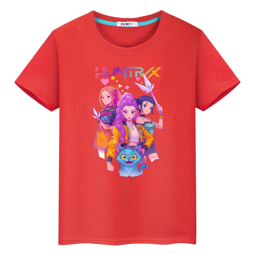 

kpop охотники на демонов Принт футболка для детей мальчик 10 лет аниме Короткие Милые футболки y2k Хэллоуин 100% хлопок Кавайные топы одежда для девочек 100 красный