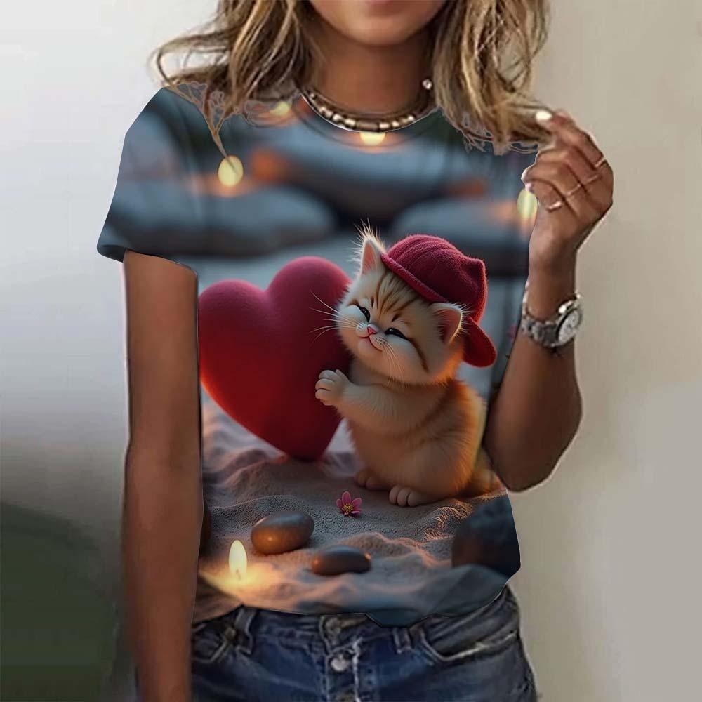 Camiseta de Mujer Animal Gato Lindo Estampada en 3D Camiseta Oversize Moda Verano Ropa Nueva para Mujer Y2k Tops Femeninos Camisetas de Chica