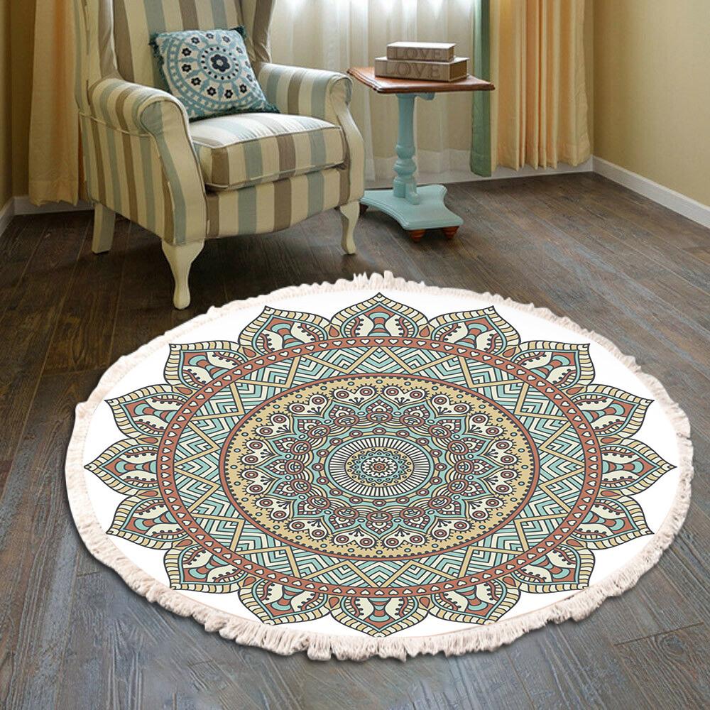 Nordic Round Carpets Bohemia Ethnic Tassel Yellow Mandala Carpet Living Room Cotton Linen Big Rugs Modern Classic 120cm Mats