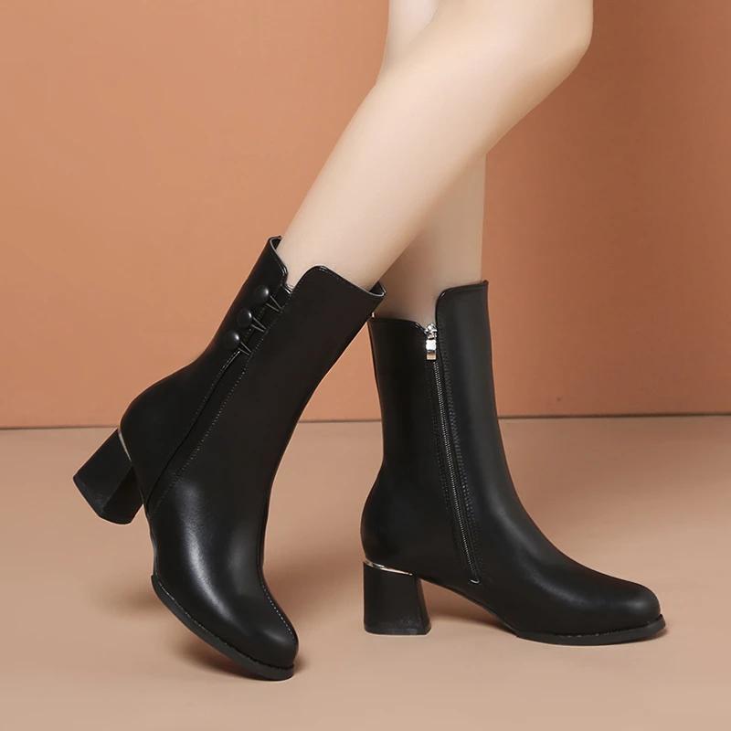 2024 Hot Sale Mid-Calf Women's Boots  Shoes Female Elegant Modern Boots Women Round Toe High Heels Buttons Side Zip Shoes Women