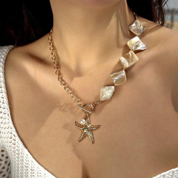 Bohemia Irregular Shell Beaded Necklace for Women Starfish Conch Pearl Pendant Metal Chain Choker Summer Beach Vacation Jewelry