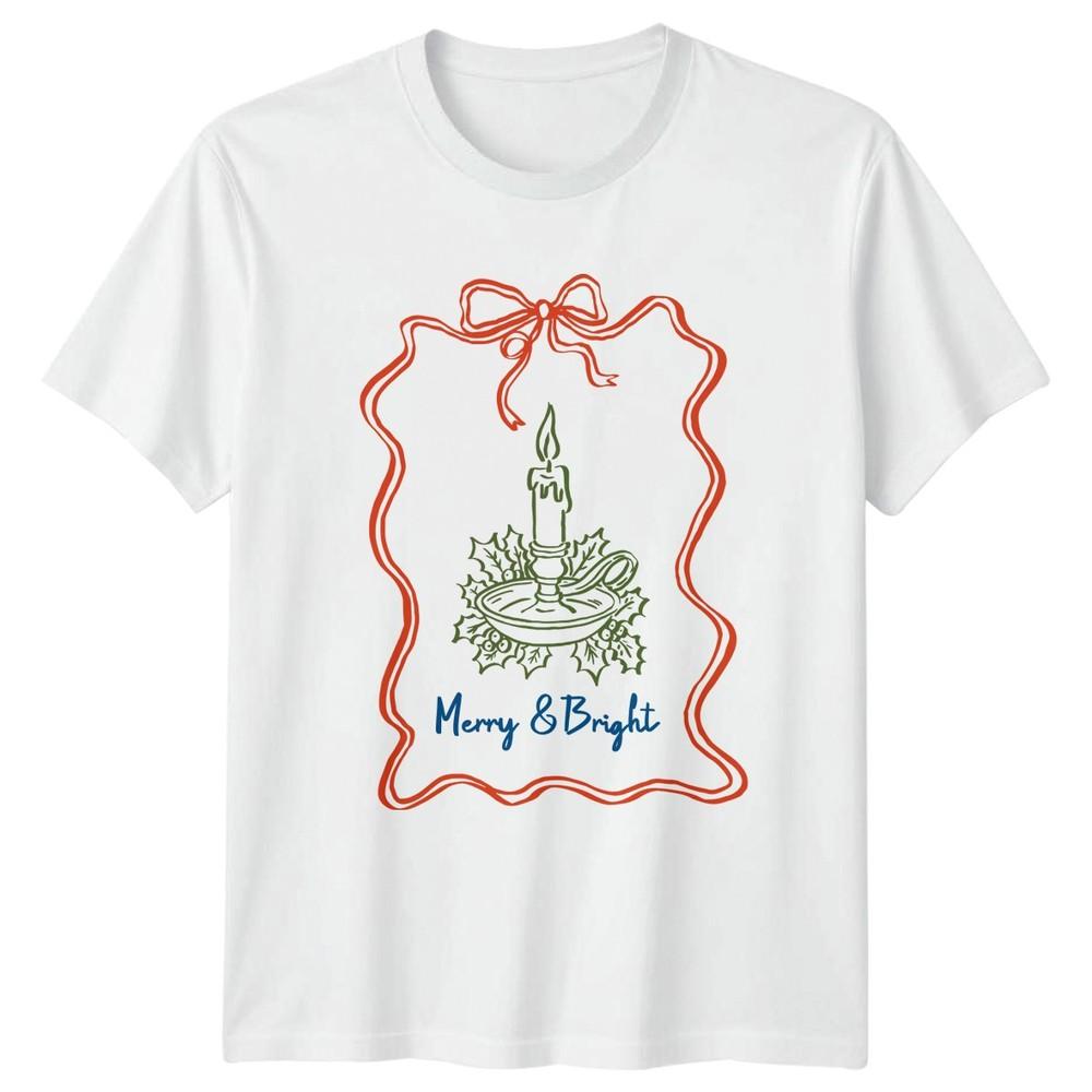 Merry Bright Christmas Holidays Candle Holly Unisexs Unisexs Graphic Tee S