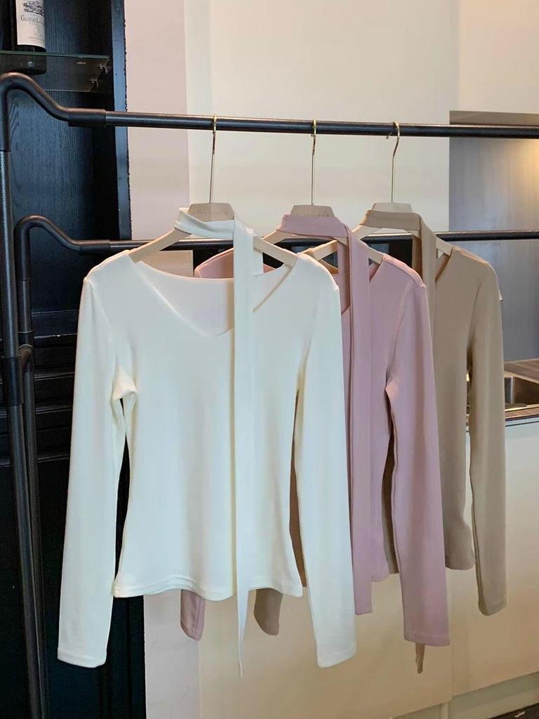 Women's Korean Long-Sleeve Pink V-Neck T-Shirt, Lace-Up, Slim Fit, Trendy Hot Girl Style, Perfect for Spring & Autumn.