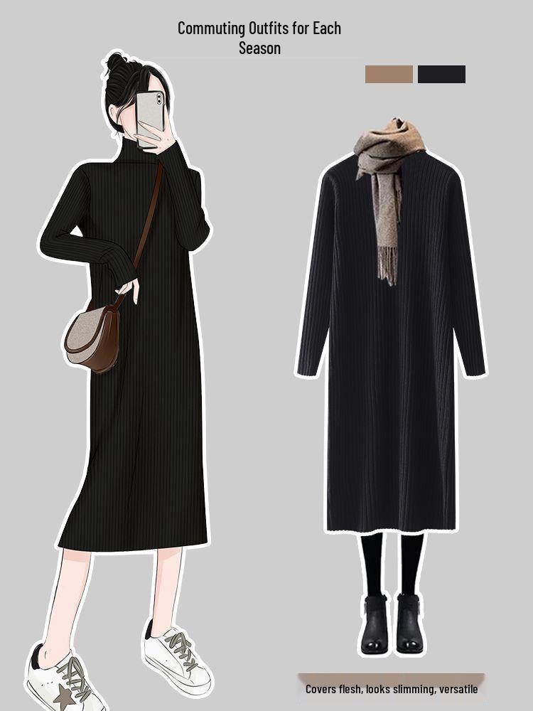Autumn/Winter Women's Loose Long Sleeve Knit Dress with Half-High Neck