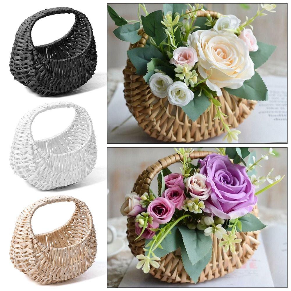 Gift With Handle Flower Basket Half Moon Willow Woven Storage Basket Hand-held Photography Props Rattan Basket Picnic