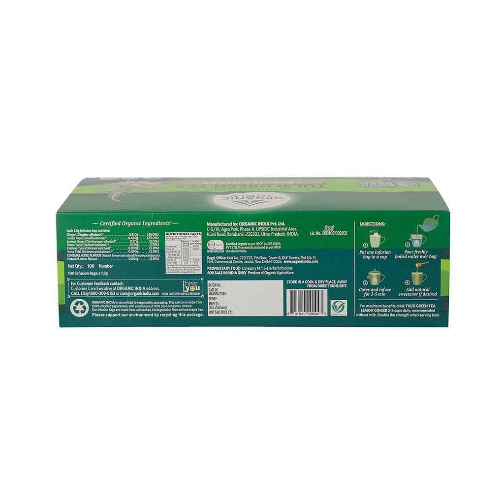 ORGANIC INDIA Tulsi Green Tea Lemon Ginger 100 Teabags Refreshing Aromatic Blend For Daily Wellness And Uplifting