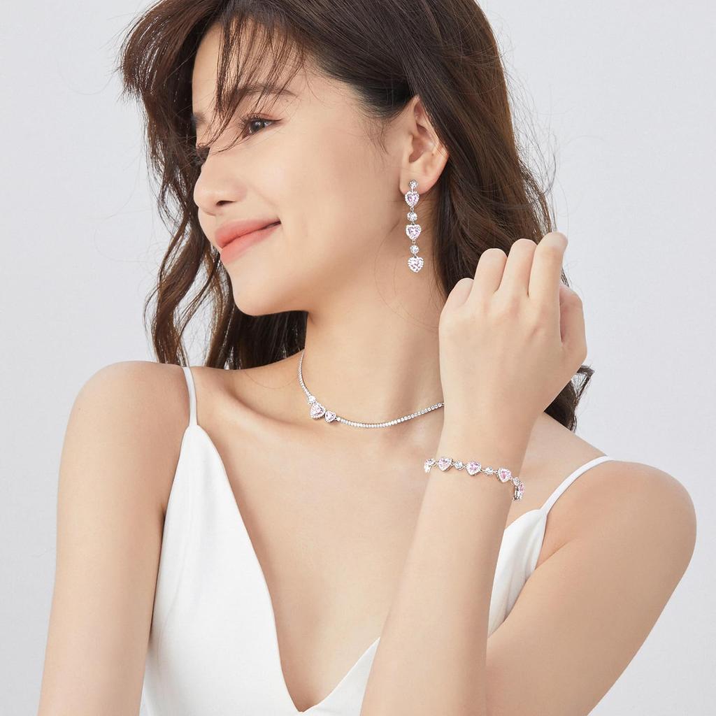 Tennisarmband mit Herzmotiv, Tennisarmreifen, rund, Zirkonia, Silber, Modeschmuck, Ausgehen, Weihnachten, Jahrestag, Geburtstagsgeschenk