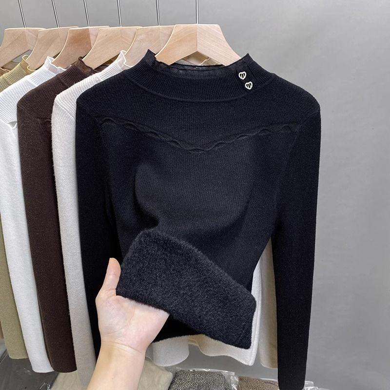 One Piece Velvet Sweater High Neck Women's Velvet Base Winter Lace Knit Sweater Inner Layer
