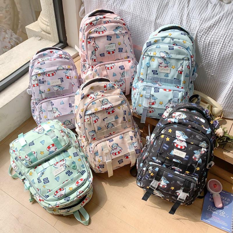 Cute Cartoon Shark Swimming Circle Star Pattern Student Backpack For School Use