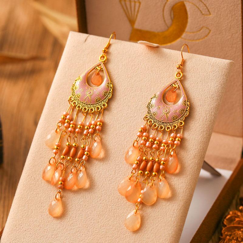 Bohemian Ethnic Style Earrings for Women Long Vintage Drop Glaze Rice Bead Water Drop Earrings Vacation Party Wedding Jewelry